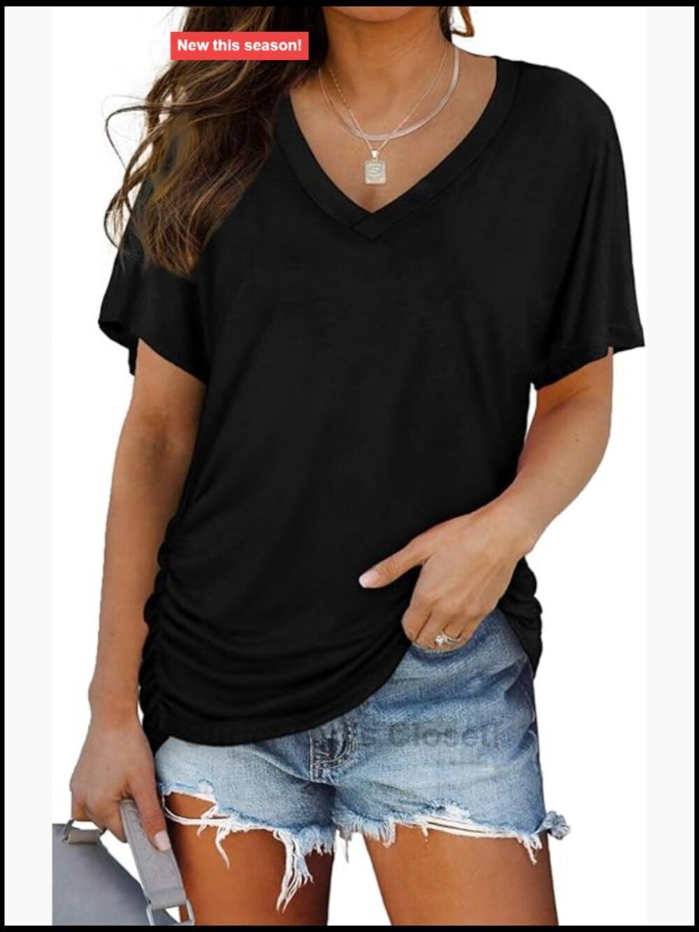 V Neck Dolman Top with Side Shirring Loose Fit Short Sleeve Blouse